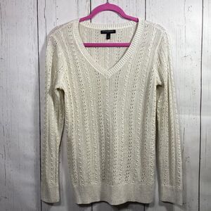 Banana Republic V Neck Long Sleeve Knit Beige Metallic Sweater